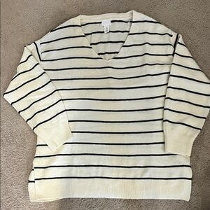 Striped V-Neck Sweater - Cream and Black
